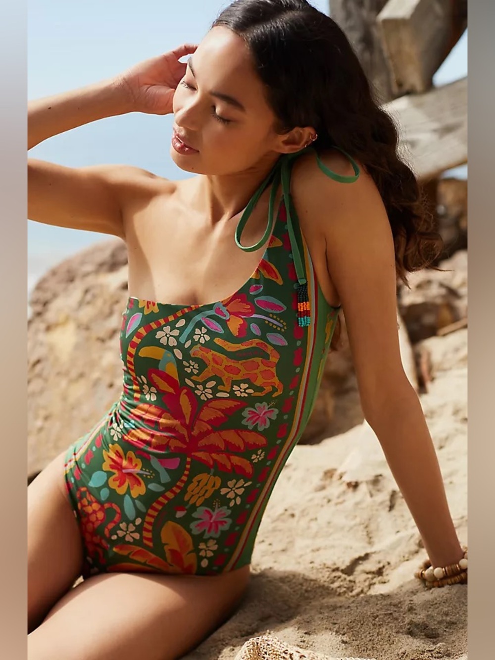Farm Rio Anthropologie Praia One Shoulder One Piece Swimsuit Small